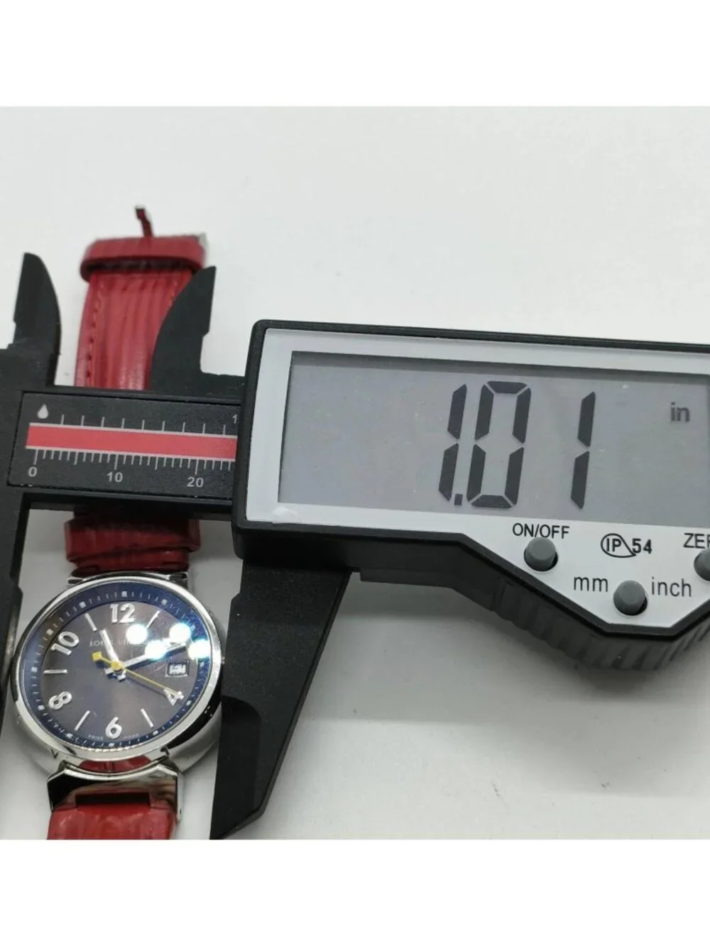 Authentic Louis Vuitton Tambour Black Dial Red Leather Strap Swiss Quartz